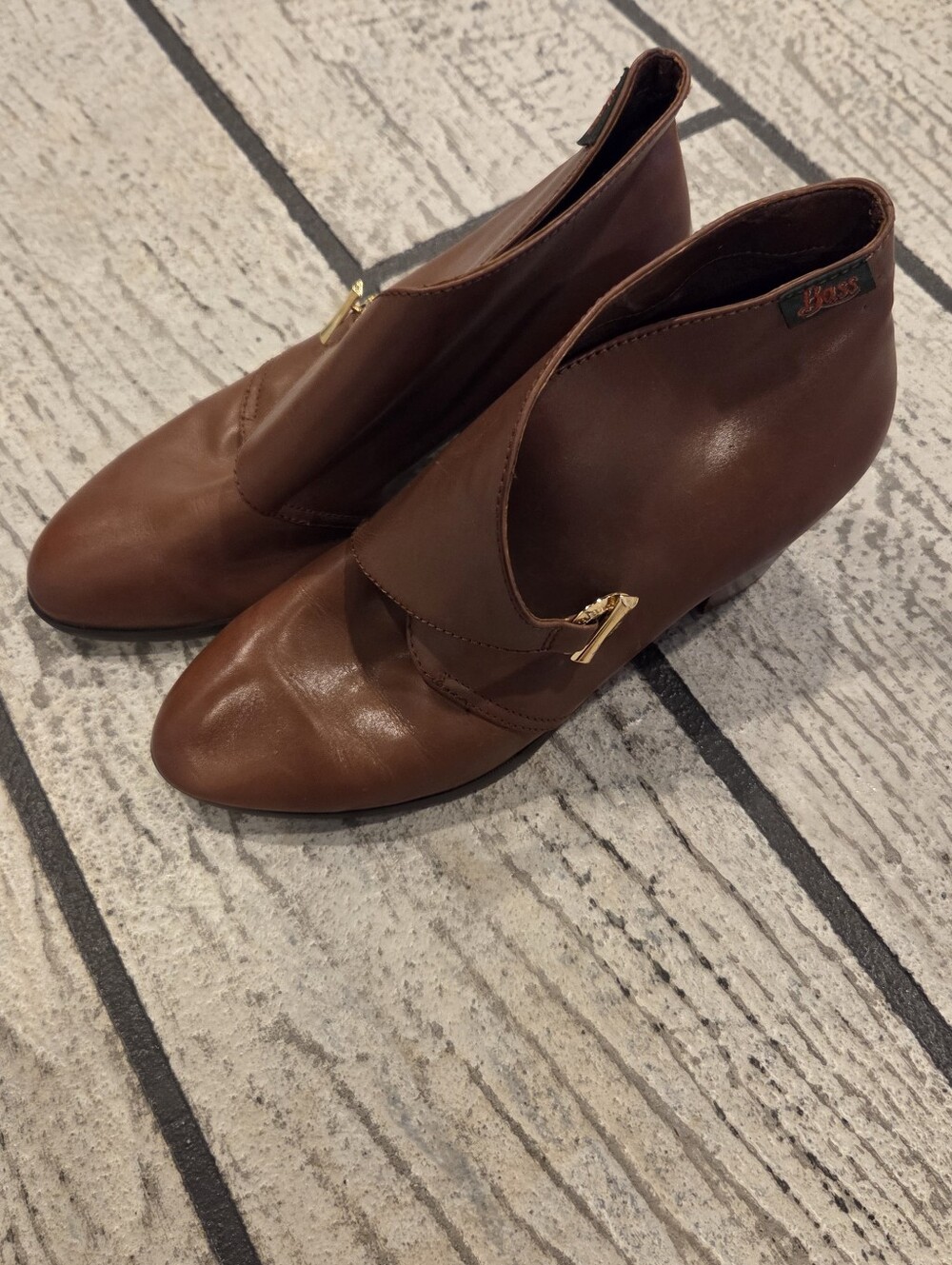 Bass Brown Leather Ankle Booties with Gold Buckle Size 8.5